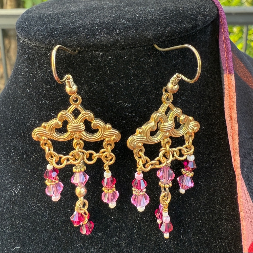 Pink Swarovski Beaded Chandelier Earrings with Gold-tone Victorian Design